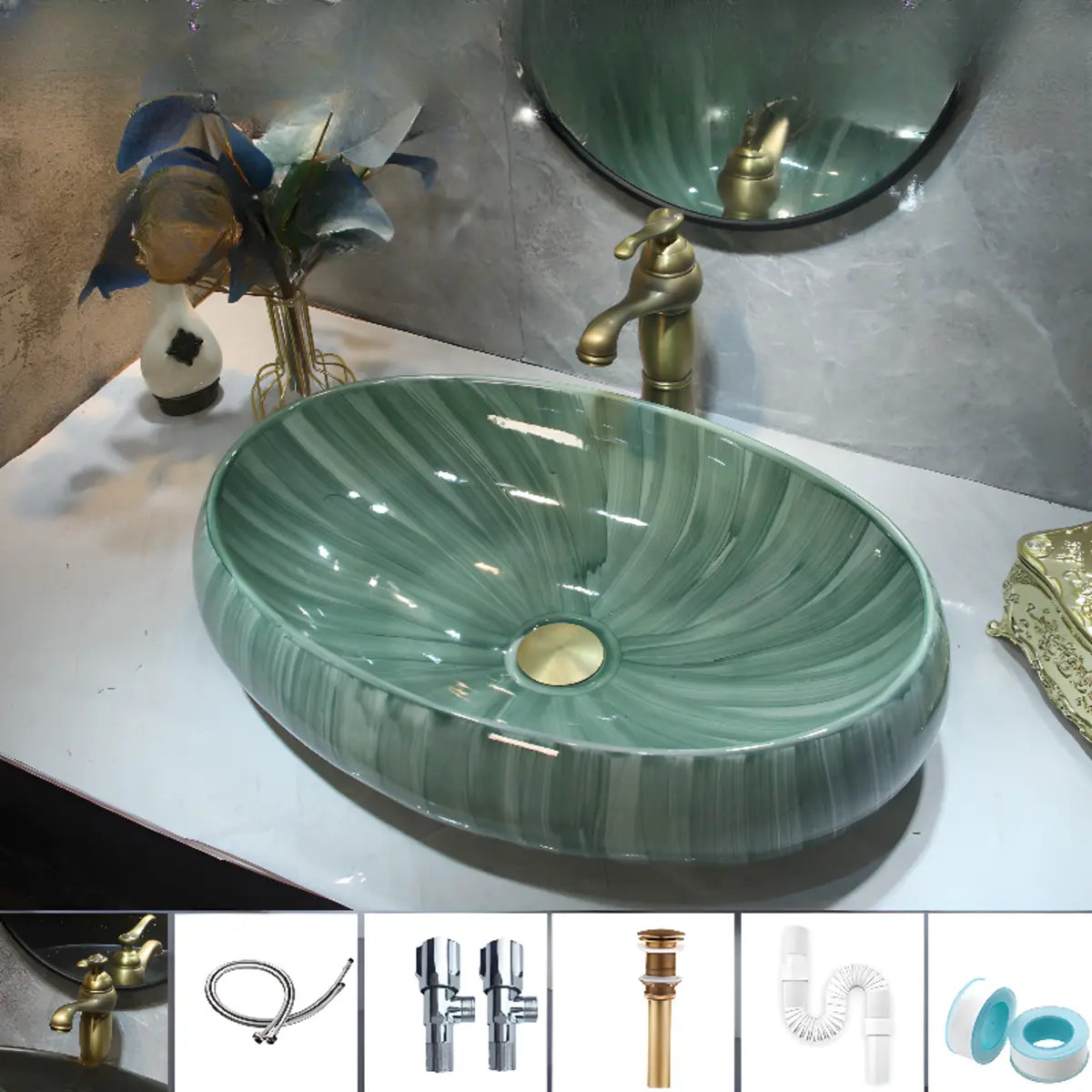 Green Oval Vitreous China Vessel Sink with Supply Lines Image - 3