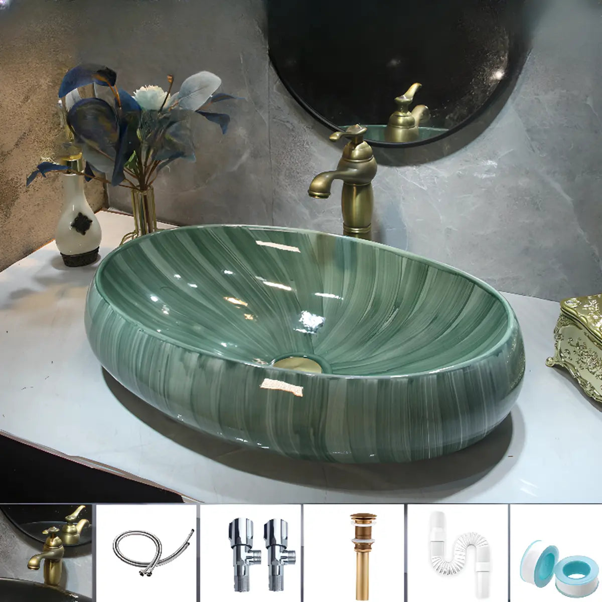 Green Oval Vitreous China Vessel Sink with Supply Lines Image - 5
