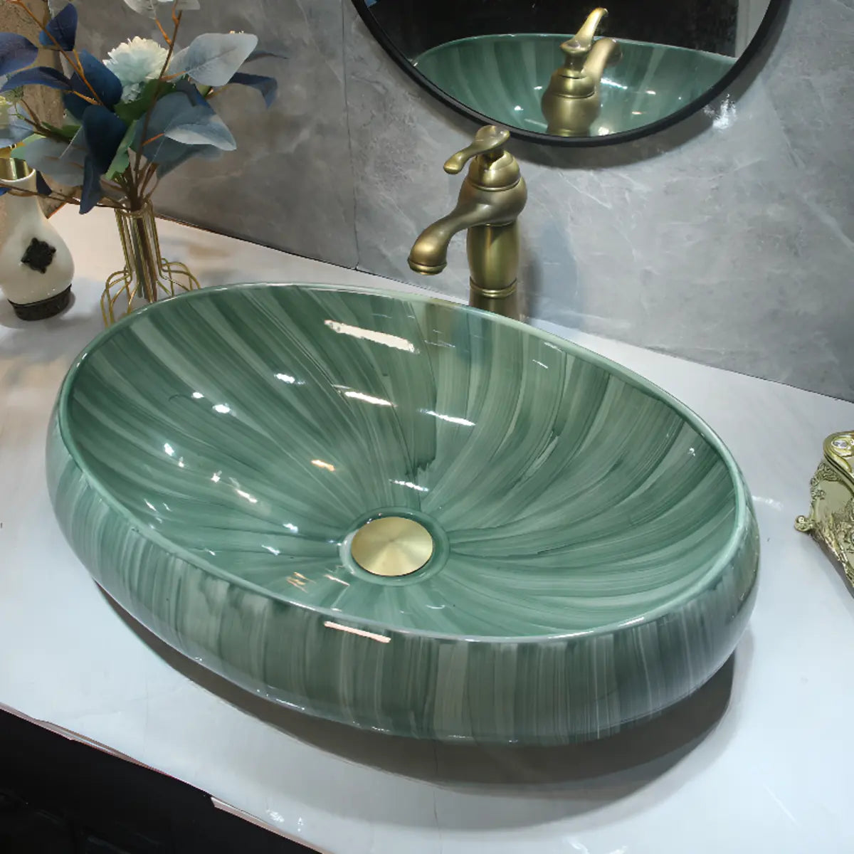 Green Oval Vitreous China Vessel Sink with Supply Lines Image - 7
