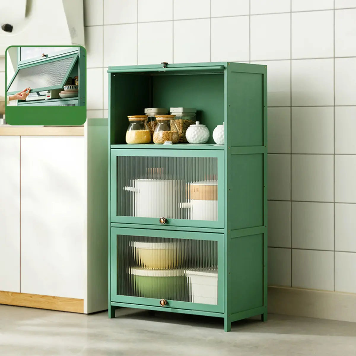 Green Rectangular Wood Kitchen Medium China Cabinet Image - 4