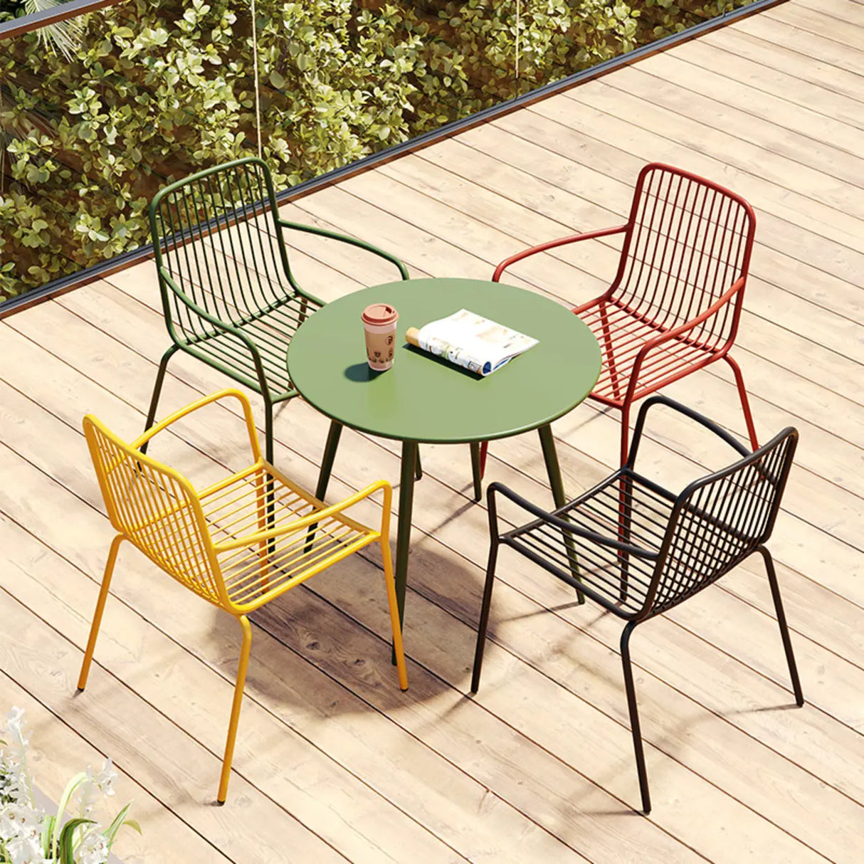 Green Space-Saving Outdoor Round Metal Patio Table Image - 4