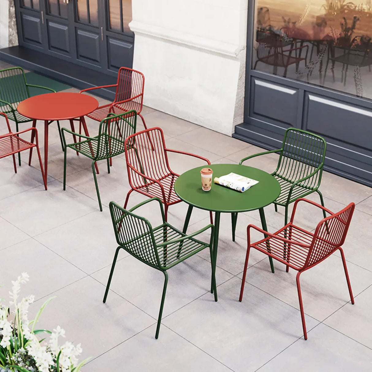 Green Space-Saving Outdoor Round Metal Patio Table Image - 6