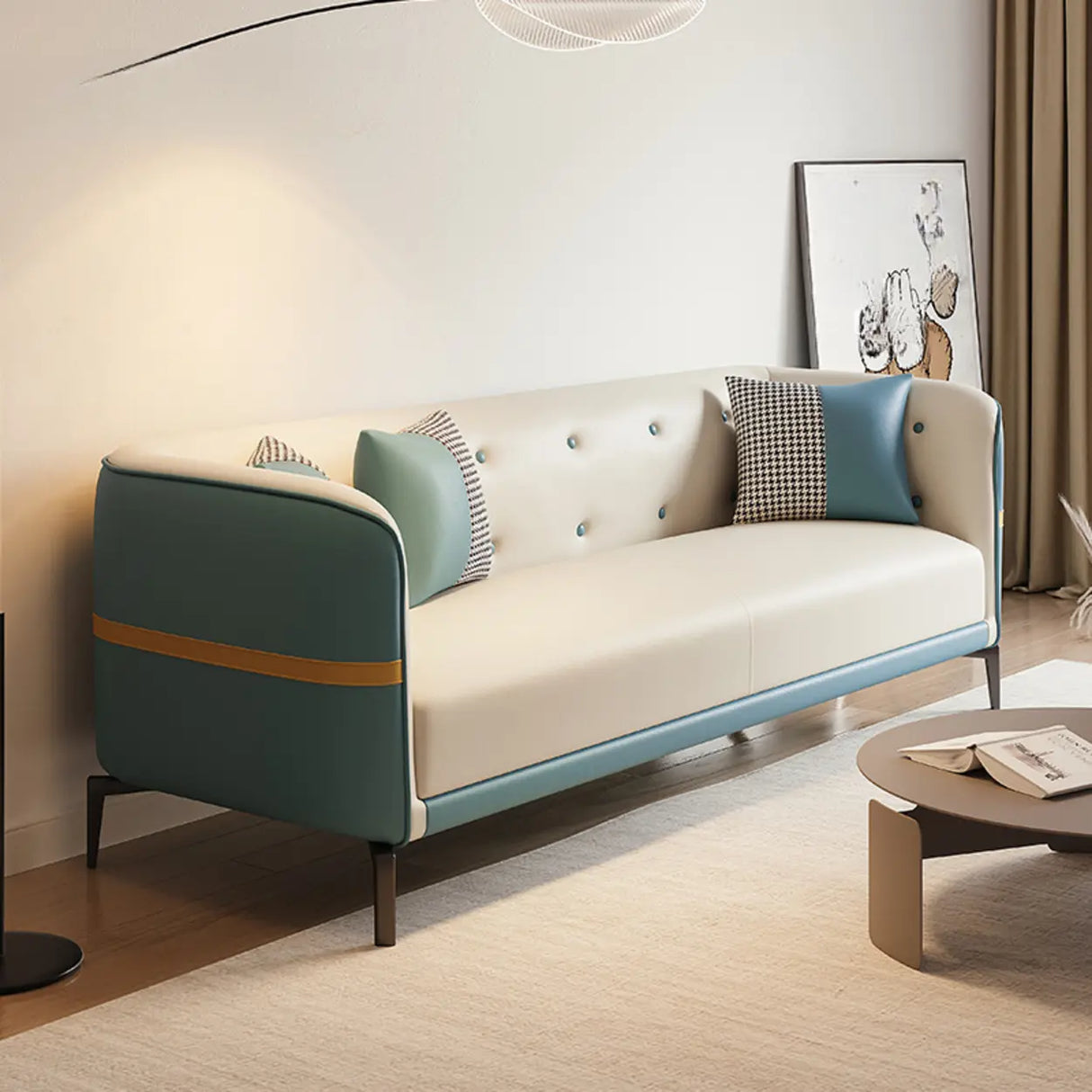 Green Stain Water Resistant Tuxedo Arm Wood Frame Sofa Image - 2