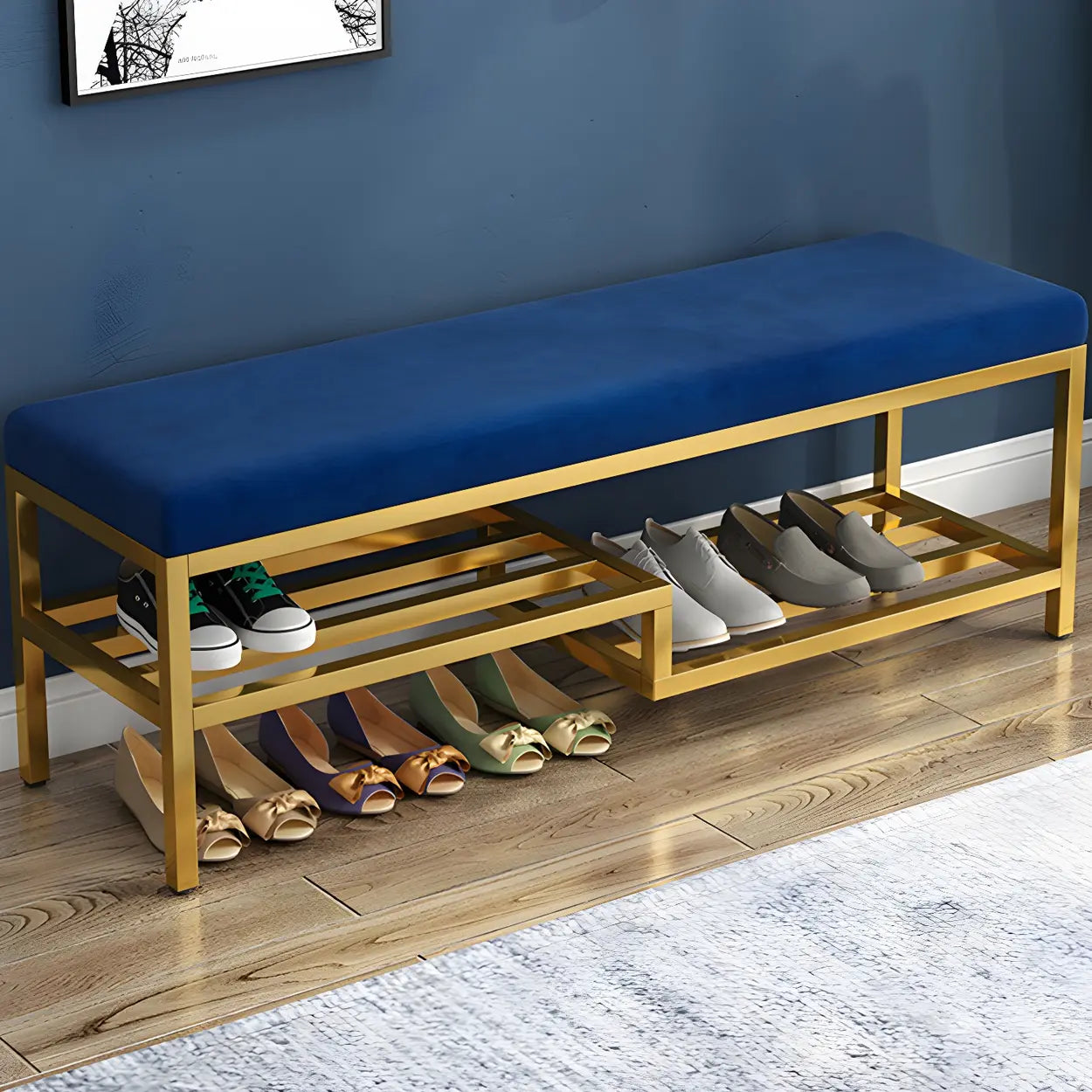 Green Velvet Metal Frame Entryway Bench with Shelves Image - 3