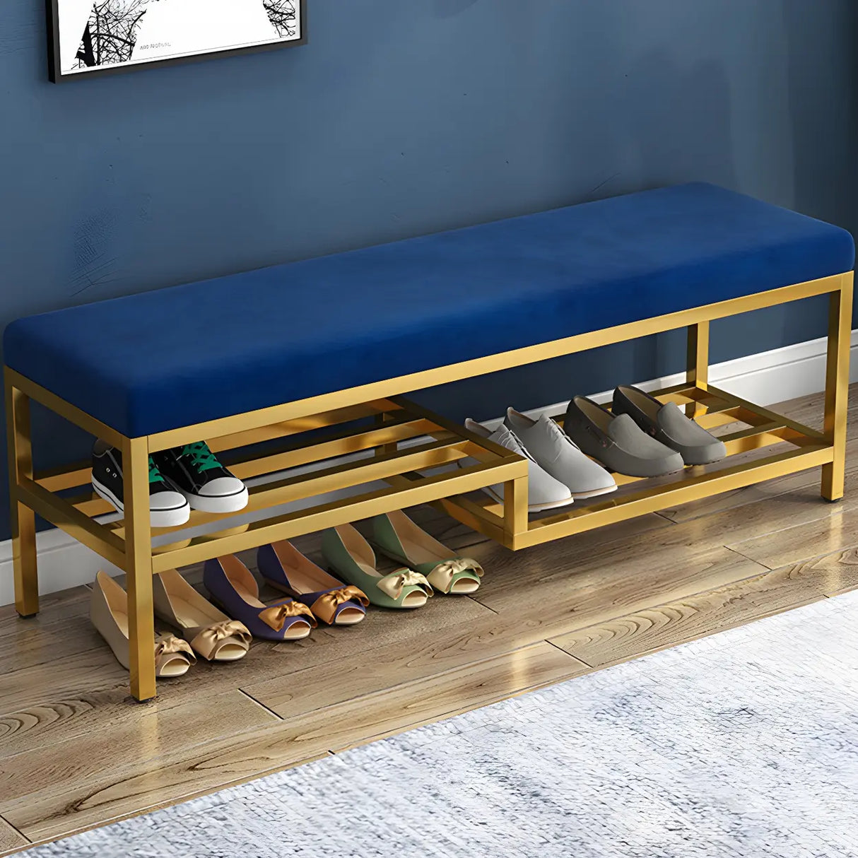 Green Velvet Metal Frame Entryway Bench with Shelves Image - 3