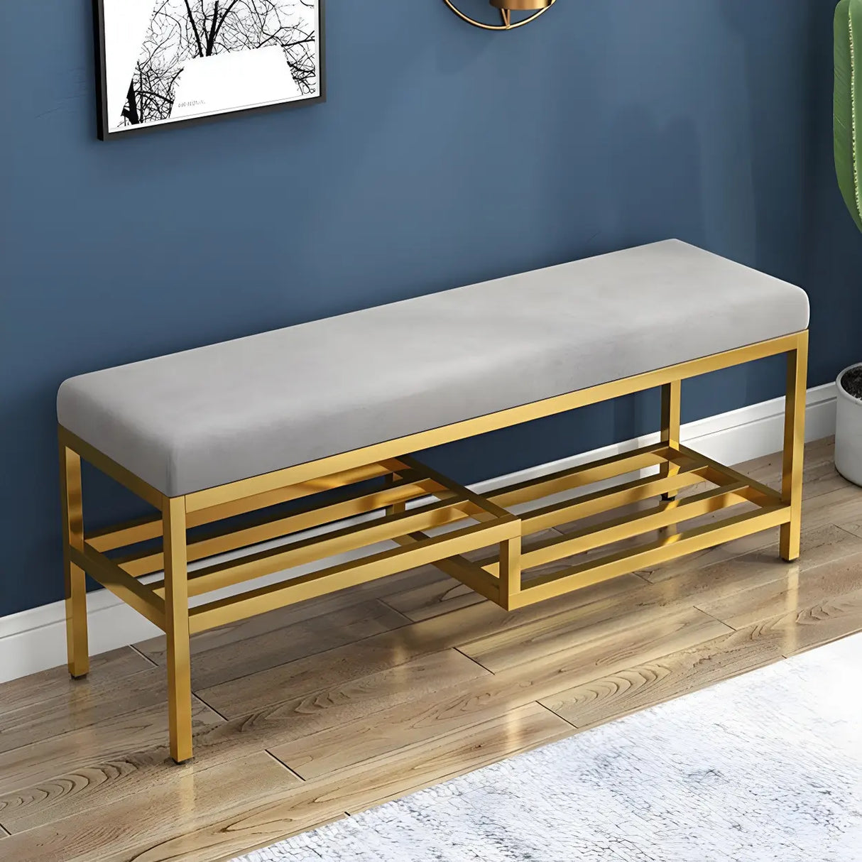 Green Velvet Metal Frame Entryway Bench with Shelves Image - 4