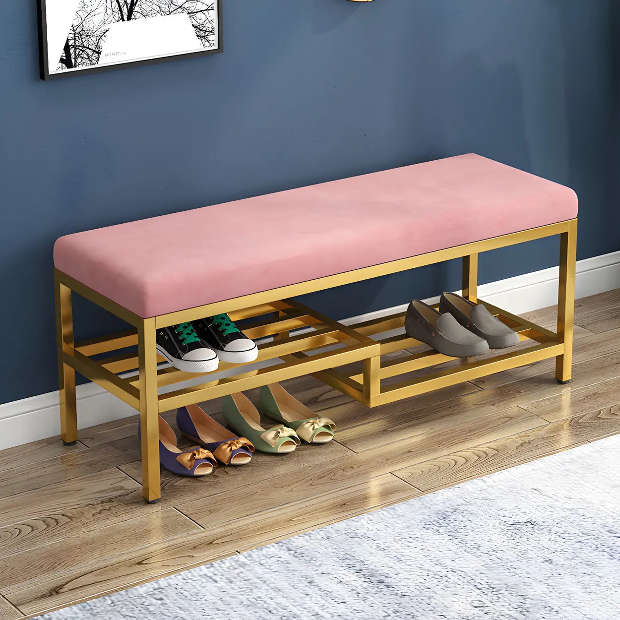 Green Velvet Metal Frame Entryway Bench with Shelves Image - 5