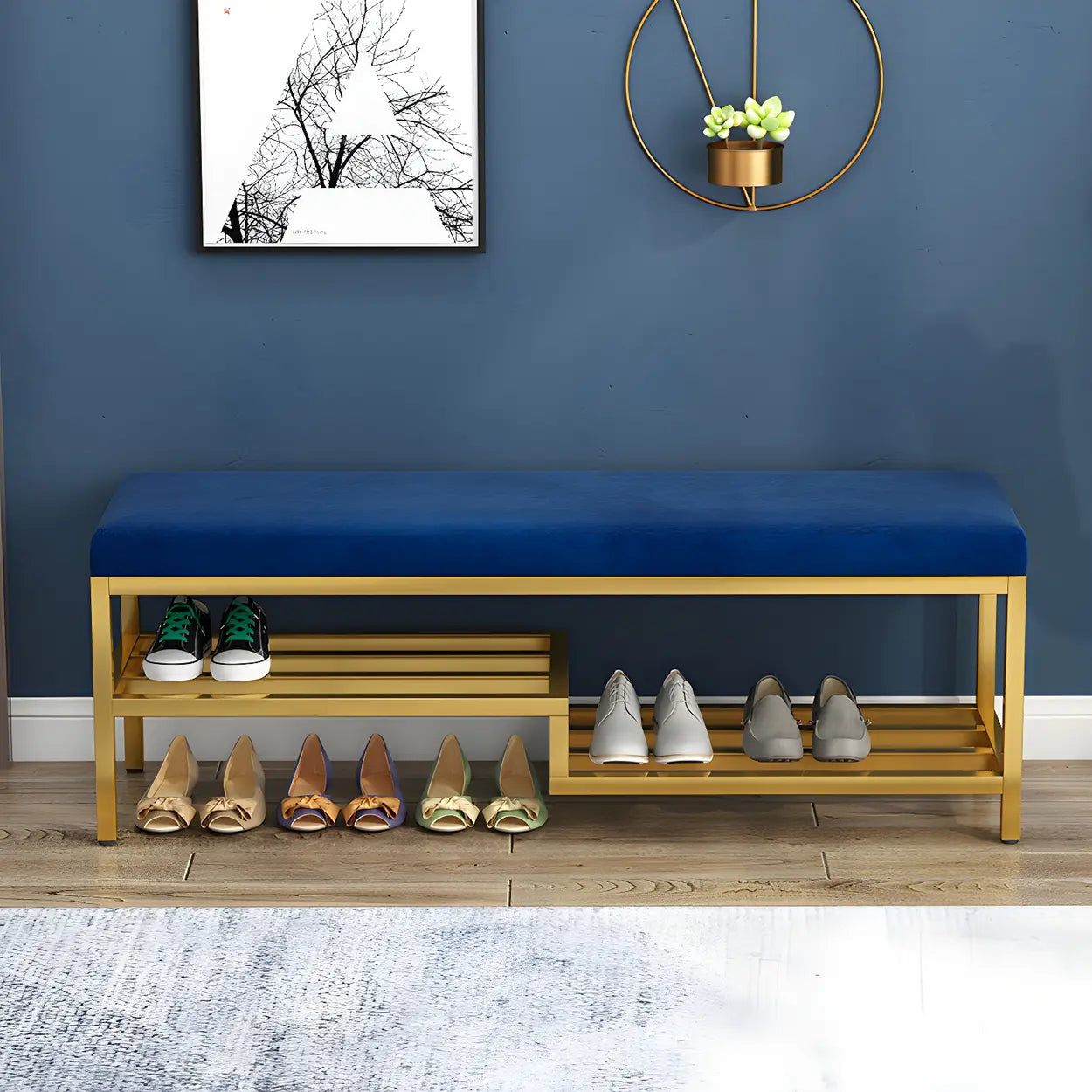 Green Velvet Metal Frame Entryway Bench with Shelves Image - 6