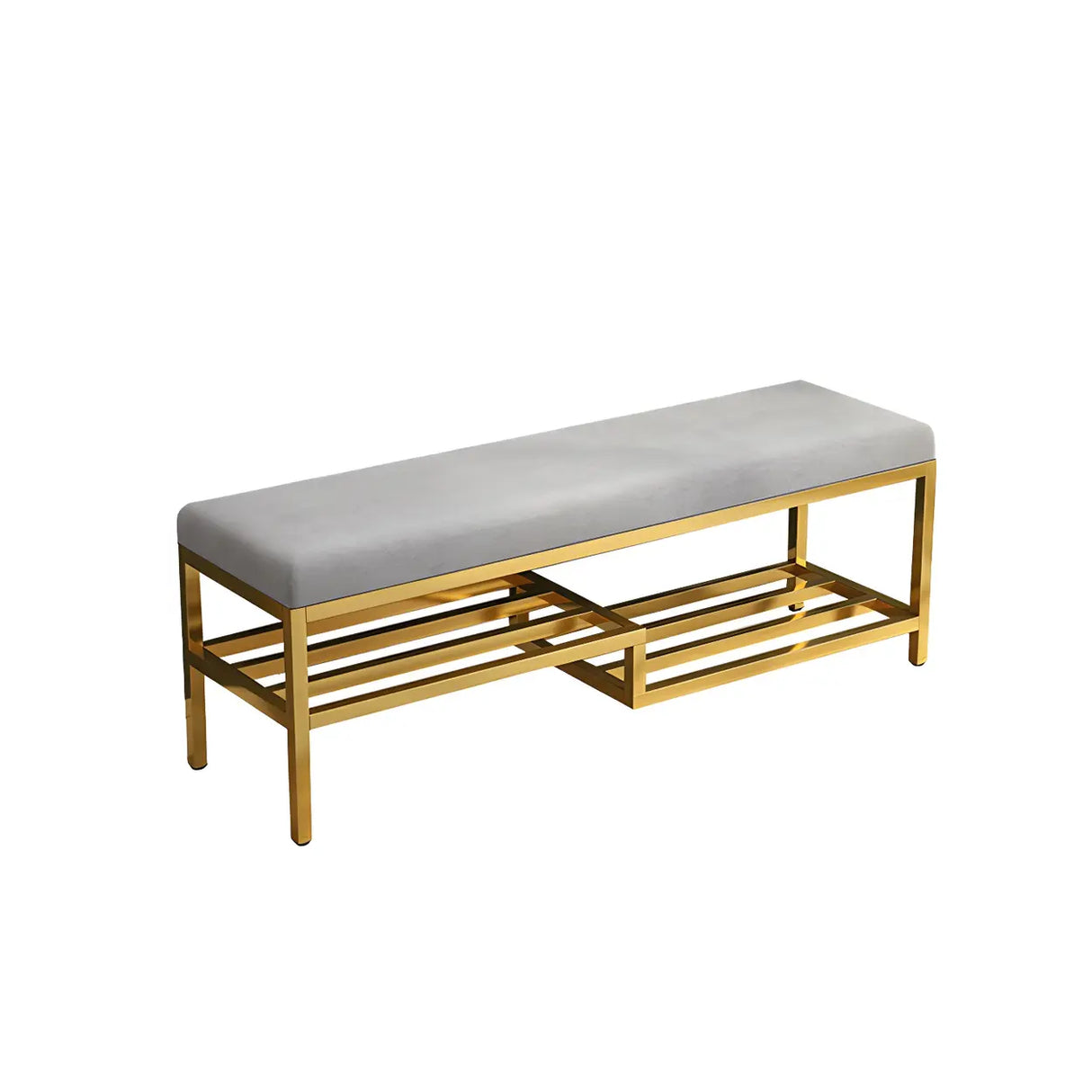 Green Velvet Metal Frame Entryway Bench with Shelves Image - 7