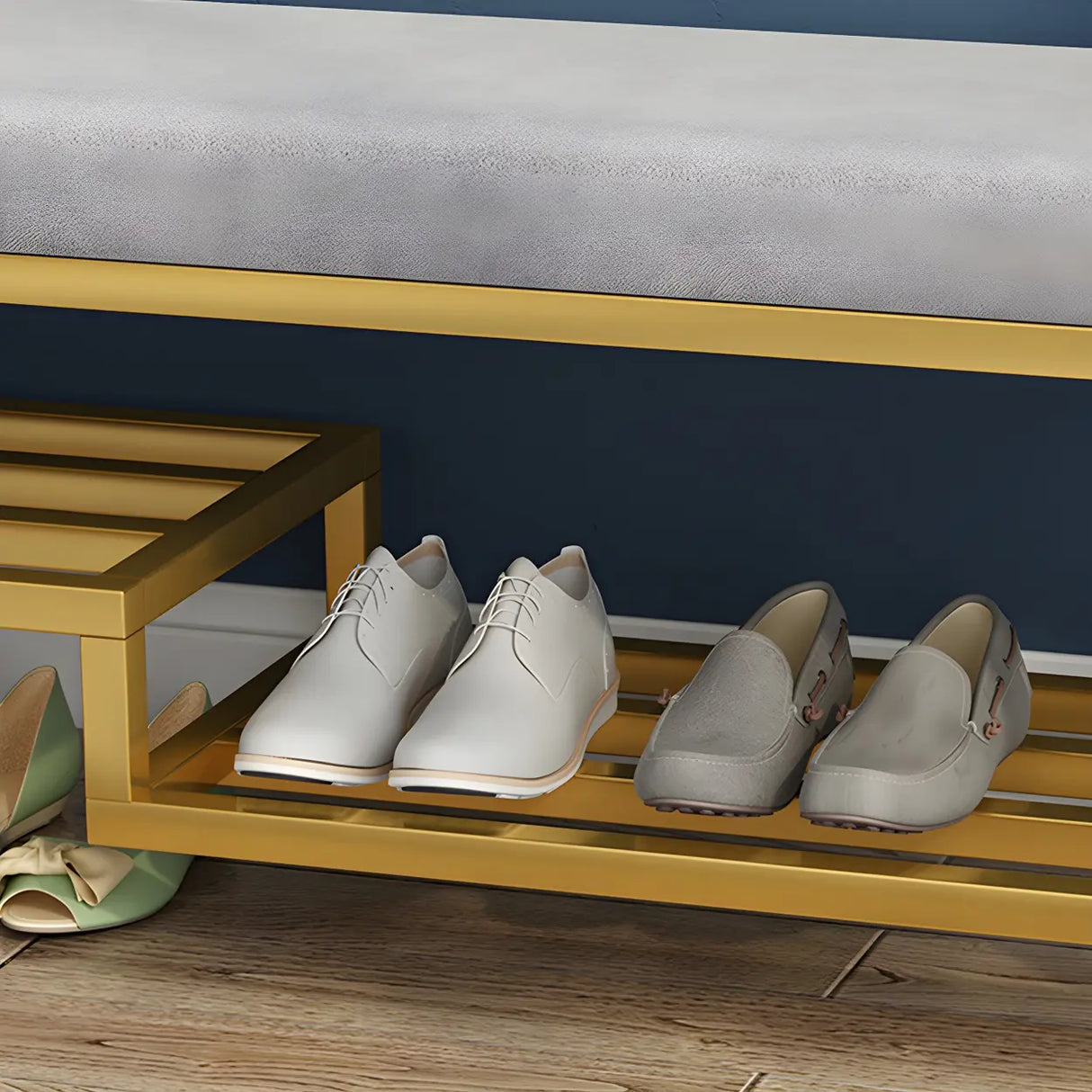 Green Velvet Metal Frame Entryway Bench with Shelves Image - 8