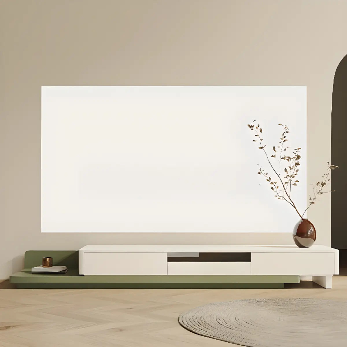 Green-White Fresh Long Wood Rectangle Storage TV Stand Image - 1