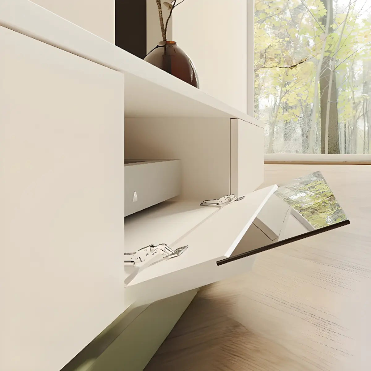 Green-White Fresh Long Wood Rectangle Storage TV Stand Image - 2