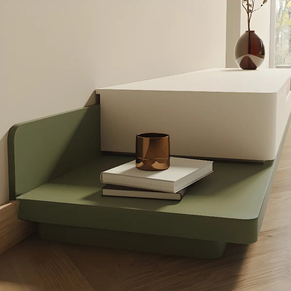 Green-White Fresh Long Wood Rectangle Storage TV Stand Image - 3