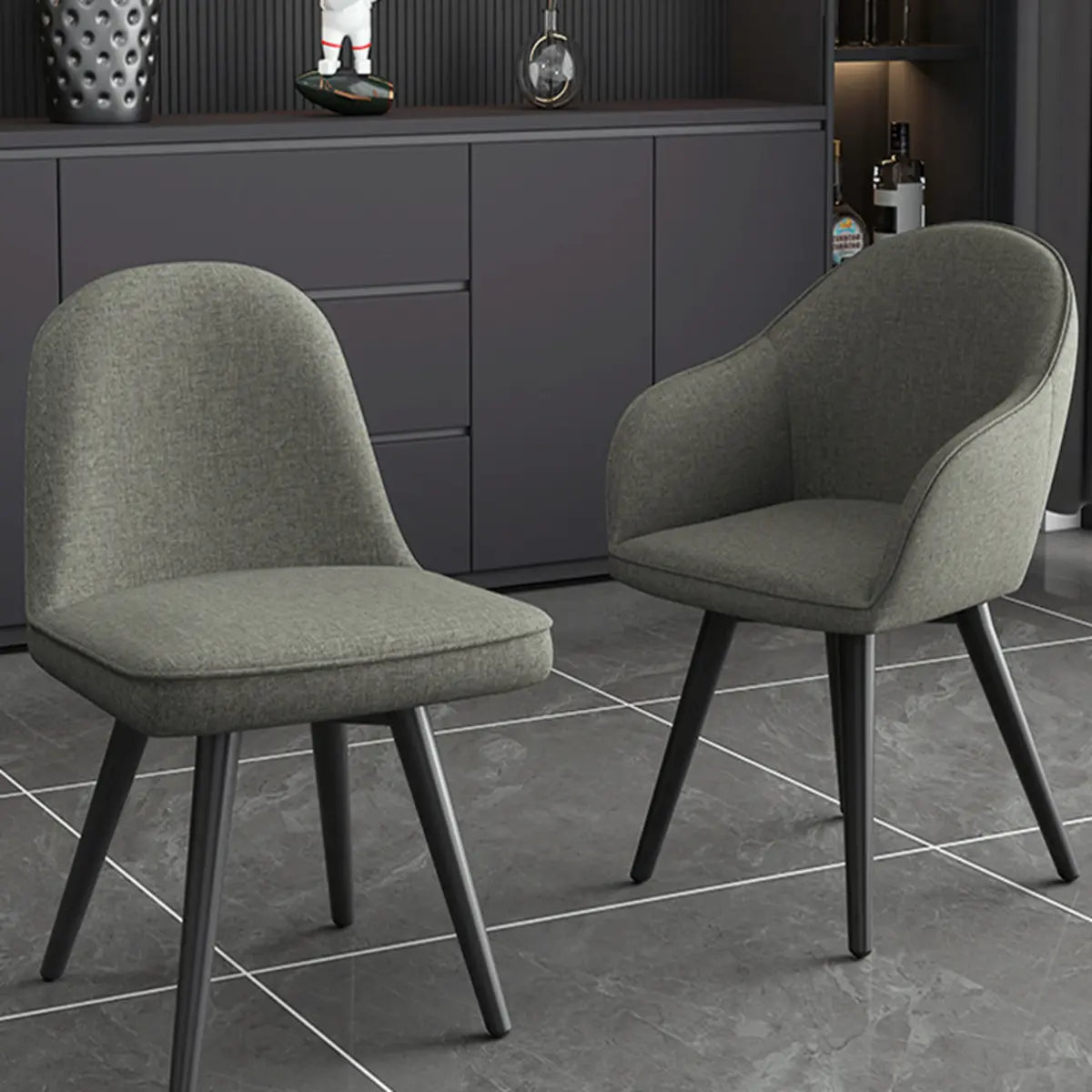 Grey Backrest Linen Upholstered Metal Leg Dining Chairs Image - 5