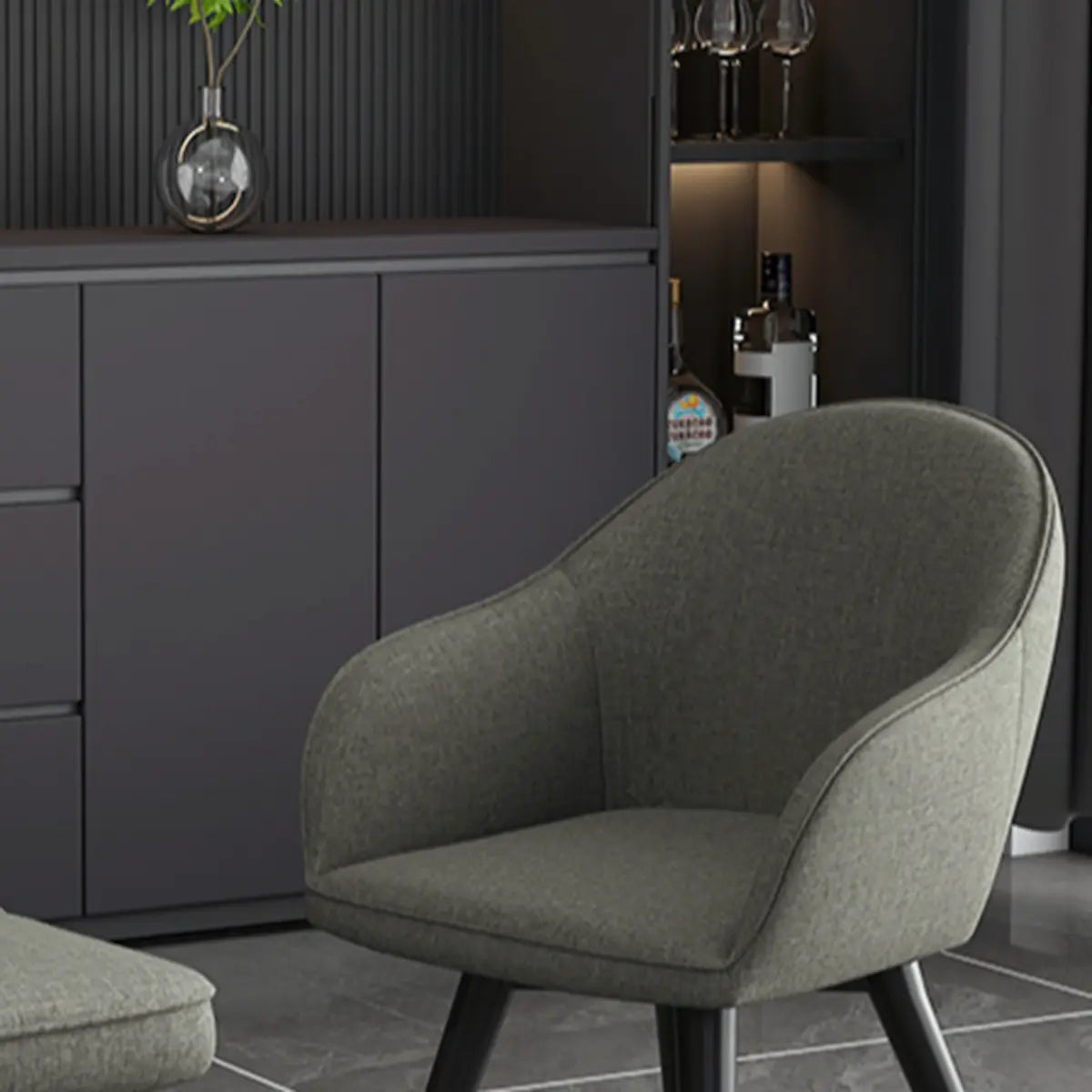 Grey Backrest Linen Upholstered Metal Leg Dining Chairs Image - 9