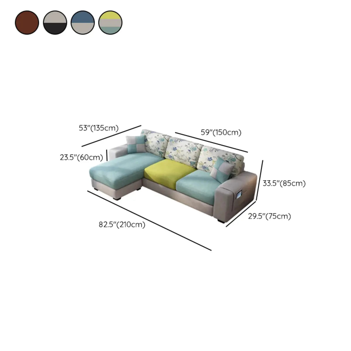 Grey-Blue Removable Cushions Cotton Linen Sofa Chaise