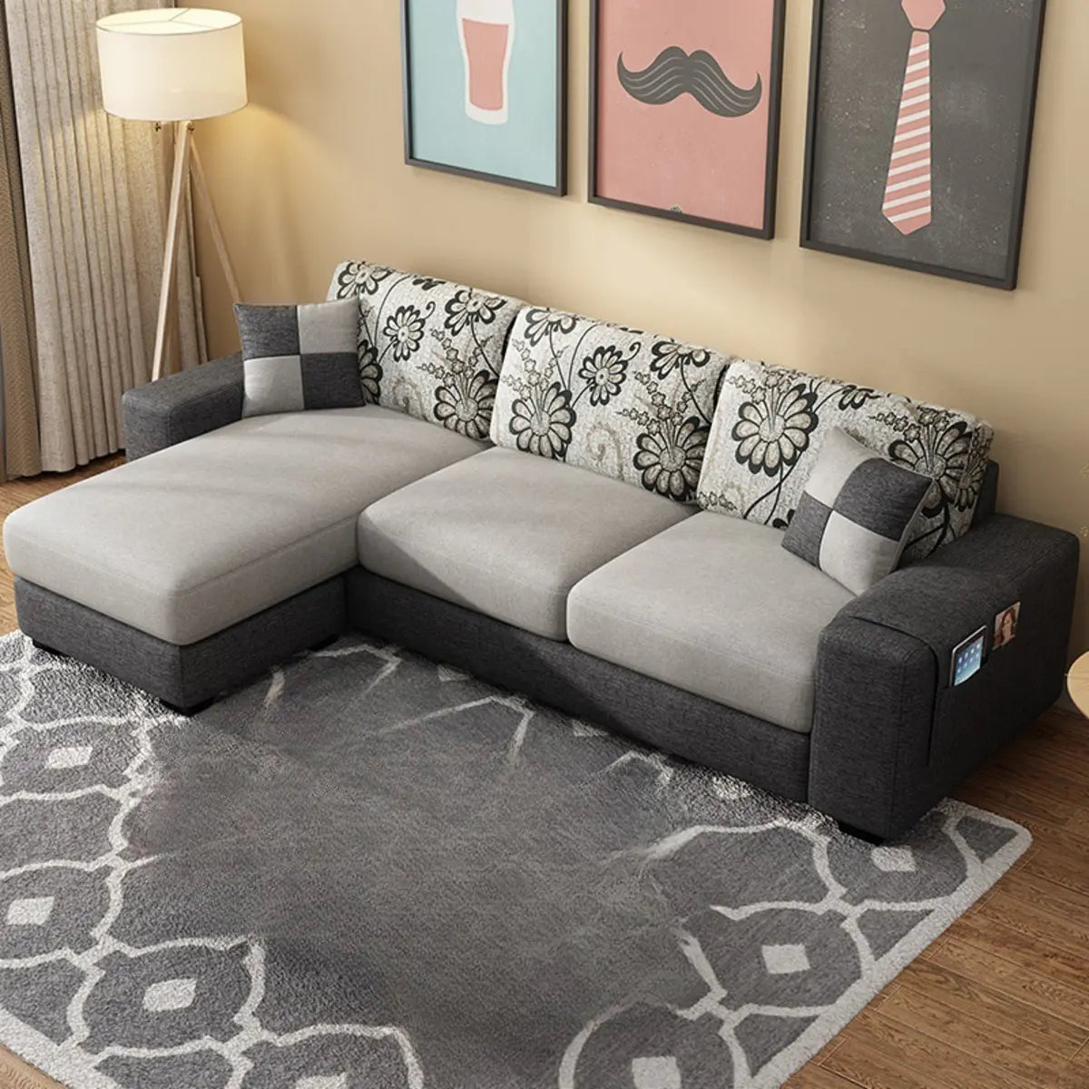 Grey-Blue Removable Cushions Cotton Linen Sofa Chaise Image - 2