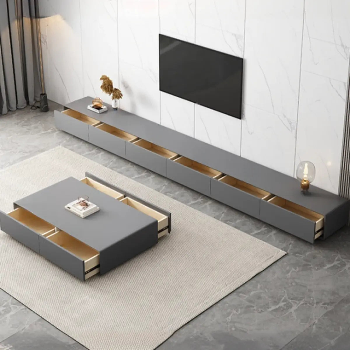 Grey Enclosed Storage Rectangle TV Stand with Drawers Image - 4