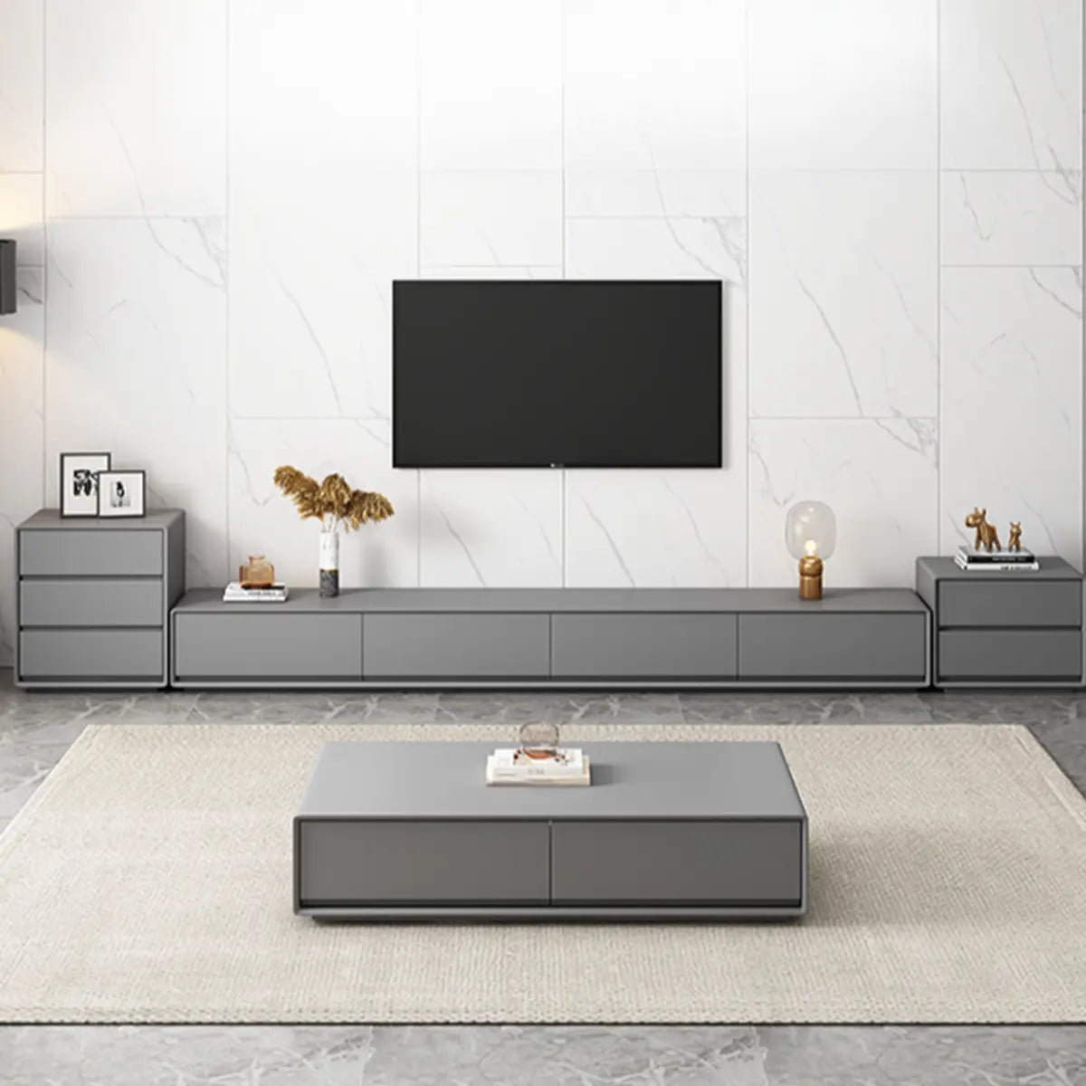 Grey Enclosed Storage Rectangle TV Stand with Drawers Image - 6