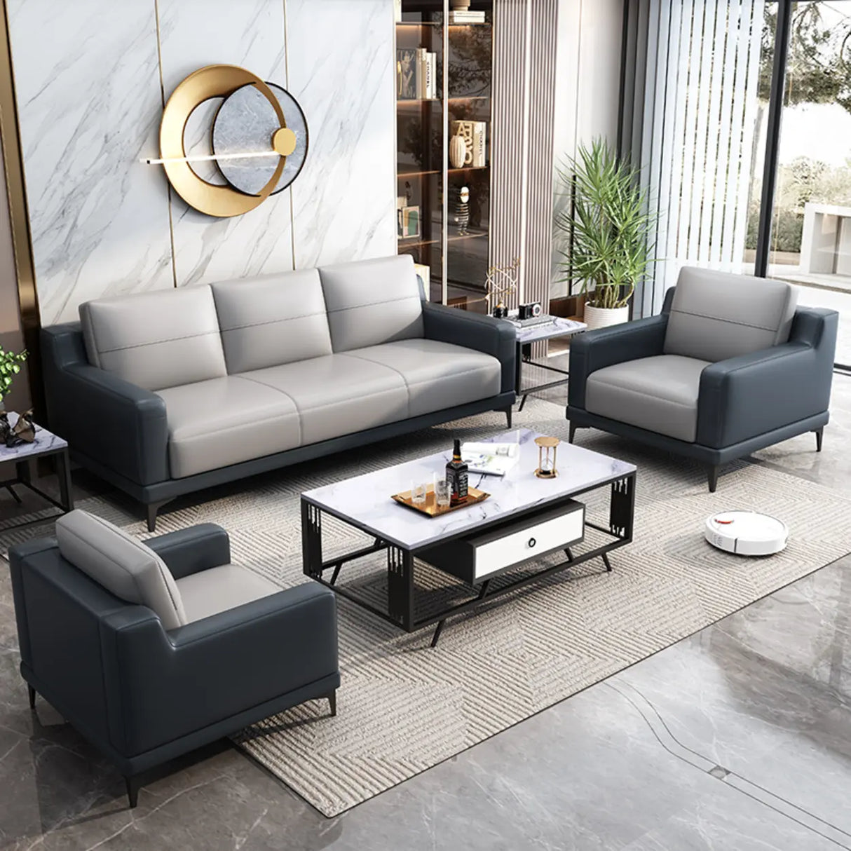 Grey Fade Resistant Faux Leather Sewn Pillow Back Sofa Image - 1