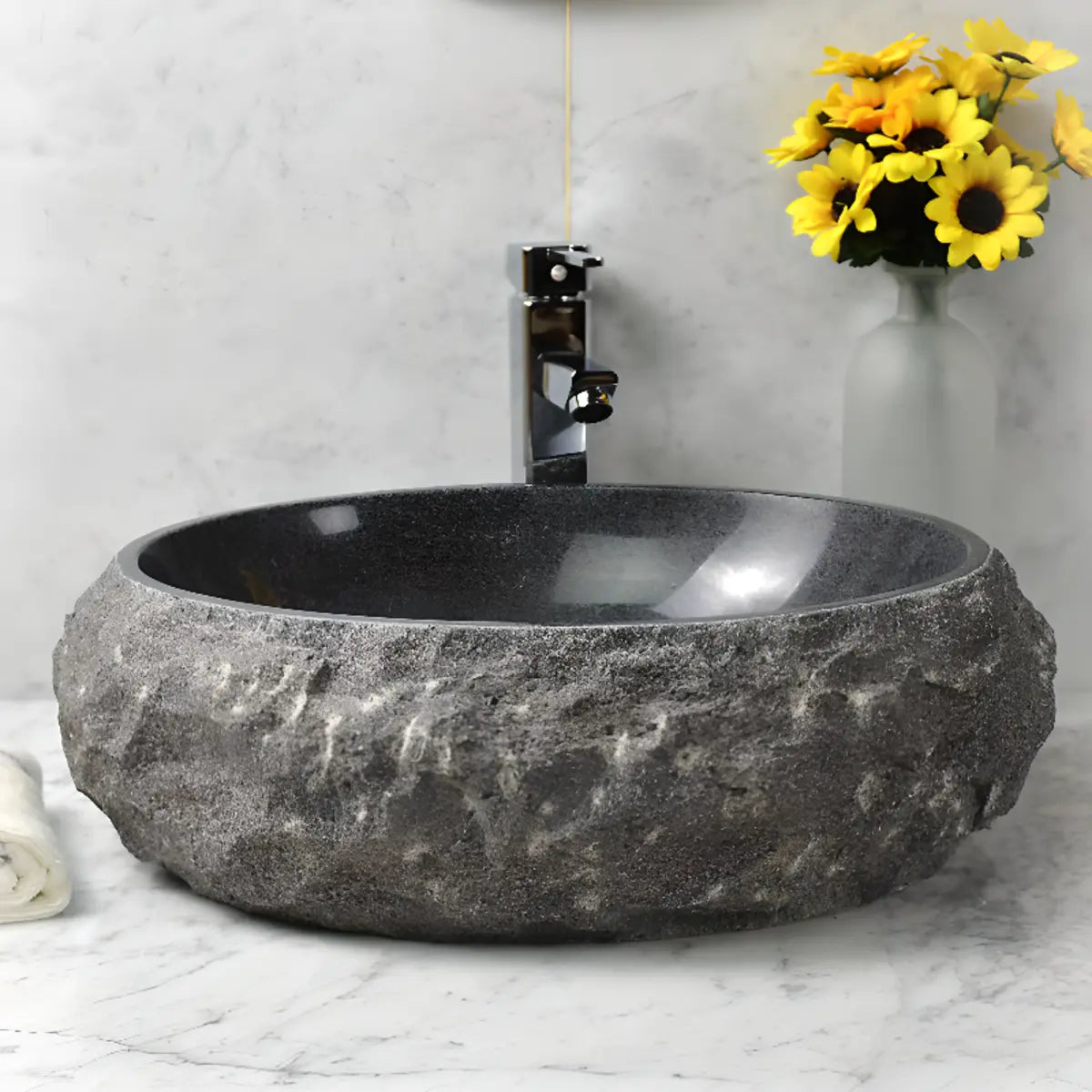 Grey Finish Stone Texture Oval Bathroom Vessel Sinks Image - 1