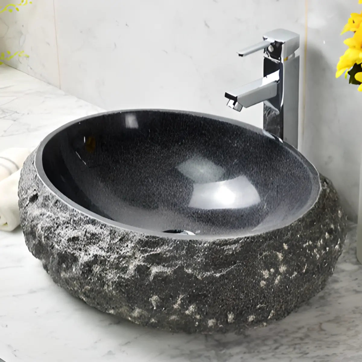 Grey Finish Stone Texture Oval Bathroom Vessel Sinks Image - 2