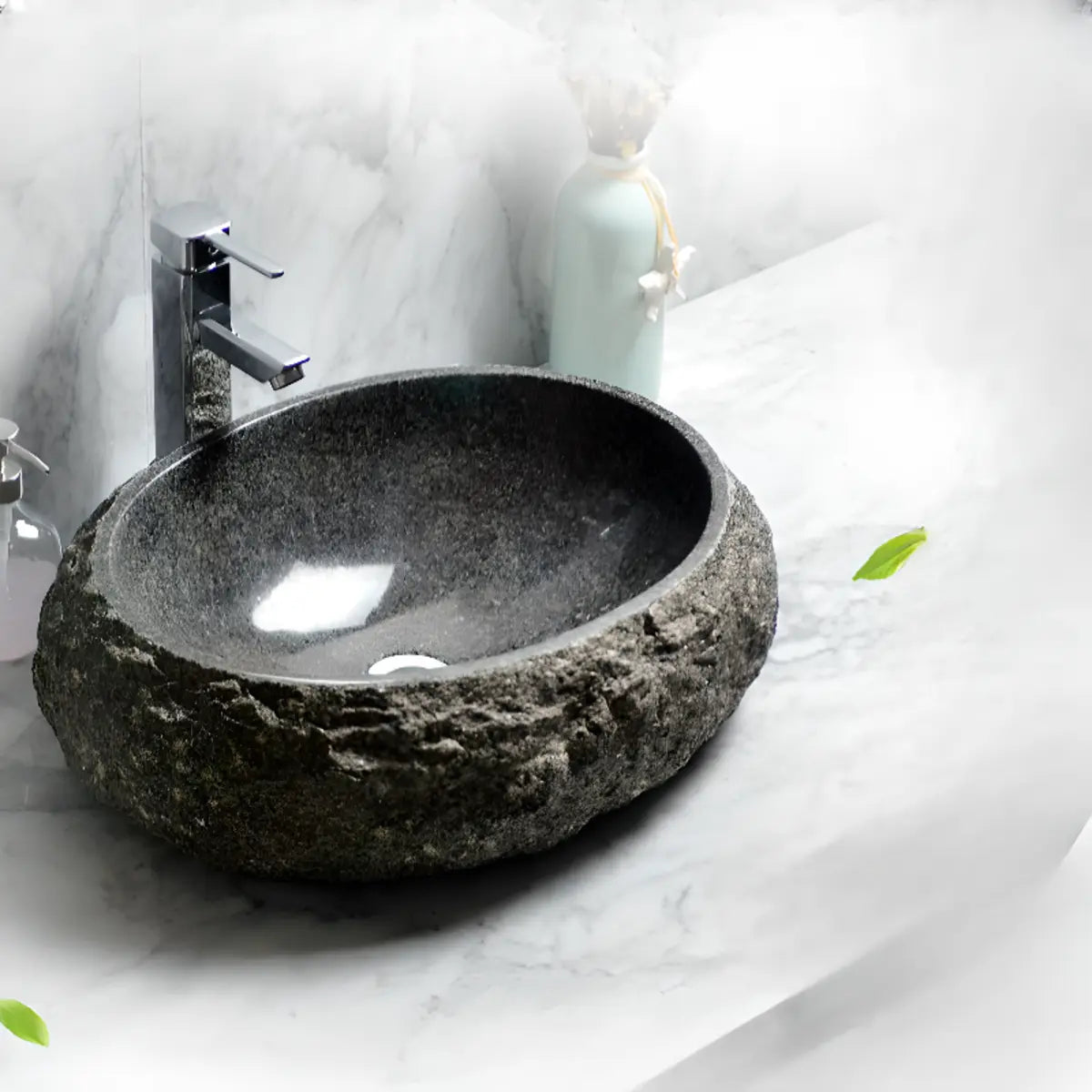 Grey Finish Stone Texture Oval Bathroom Vessel Sinks Image - 3
