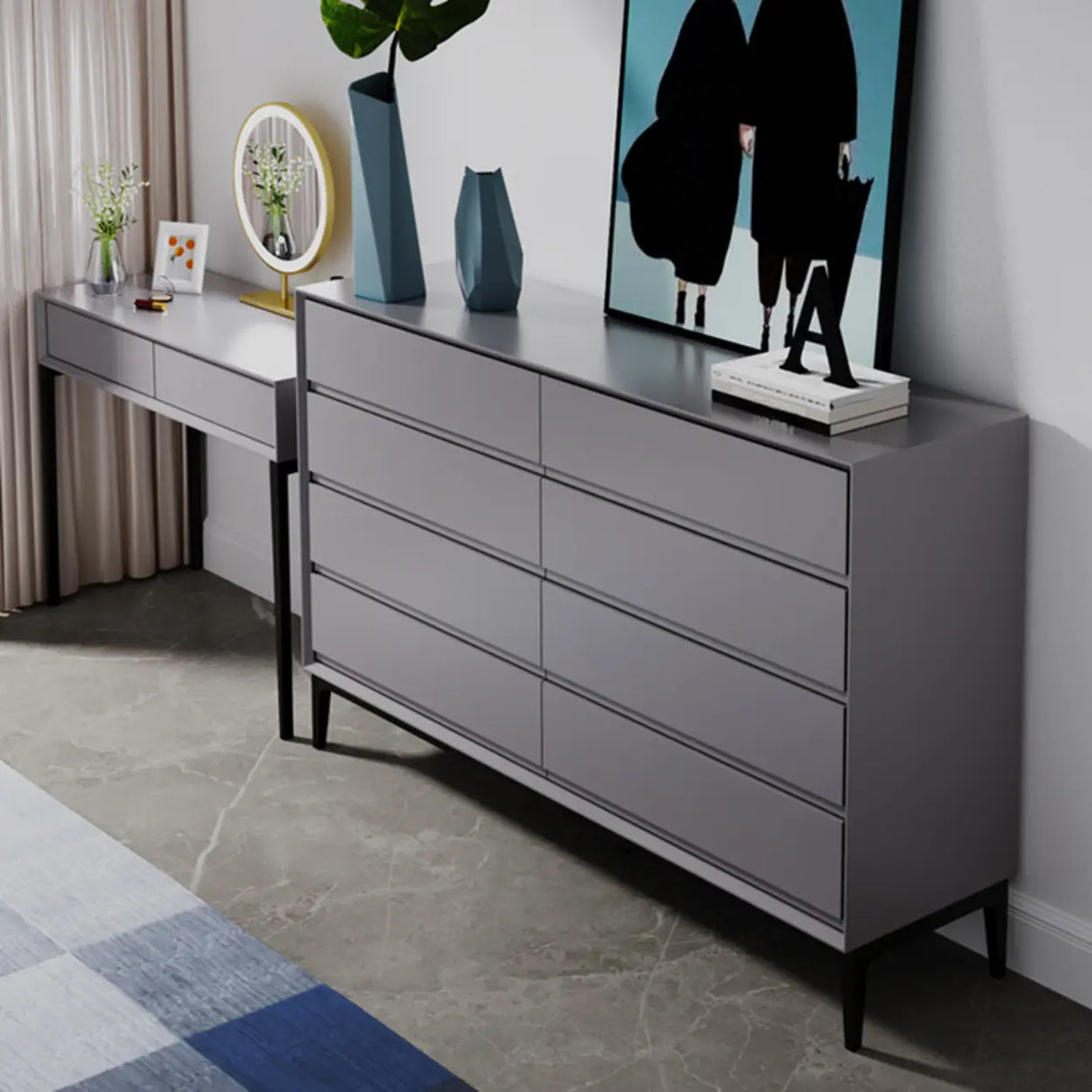 Grey Finish Wooden Eight-Drawer Dresser Chest Image - 3