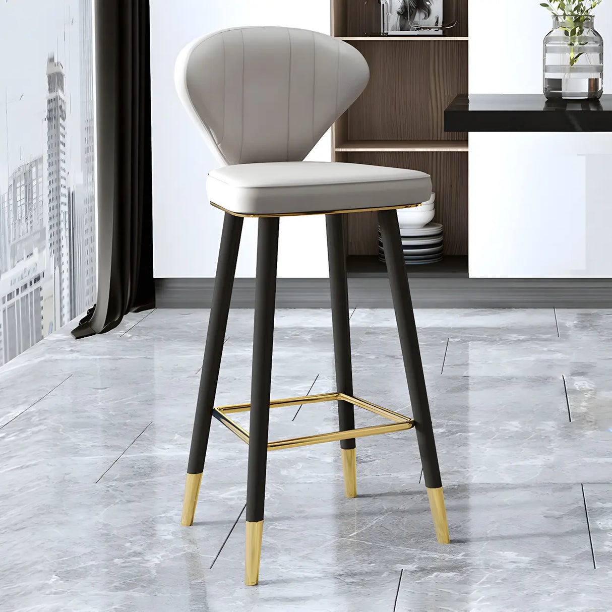 Grey Leather Bucket Seat Steel Legs Counter Bar Stools Image - 16