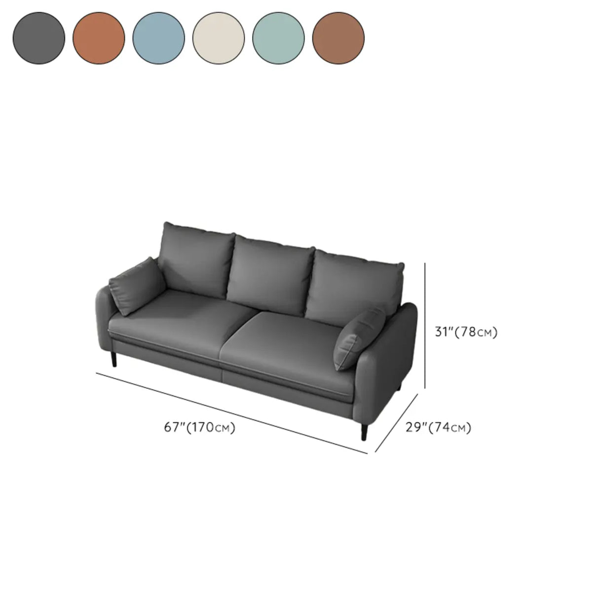Grey Leather Square Arm Pillow Back 3 Seats Sofa