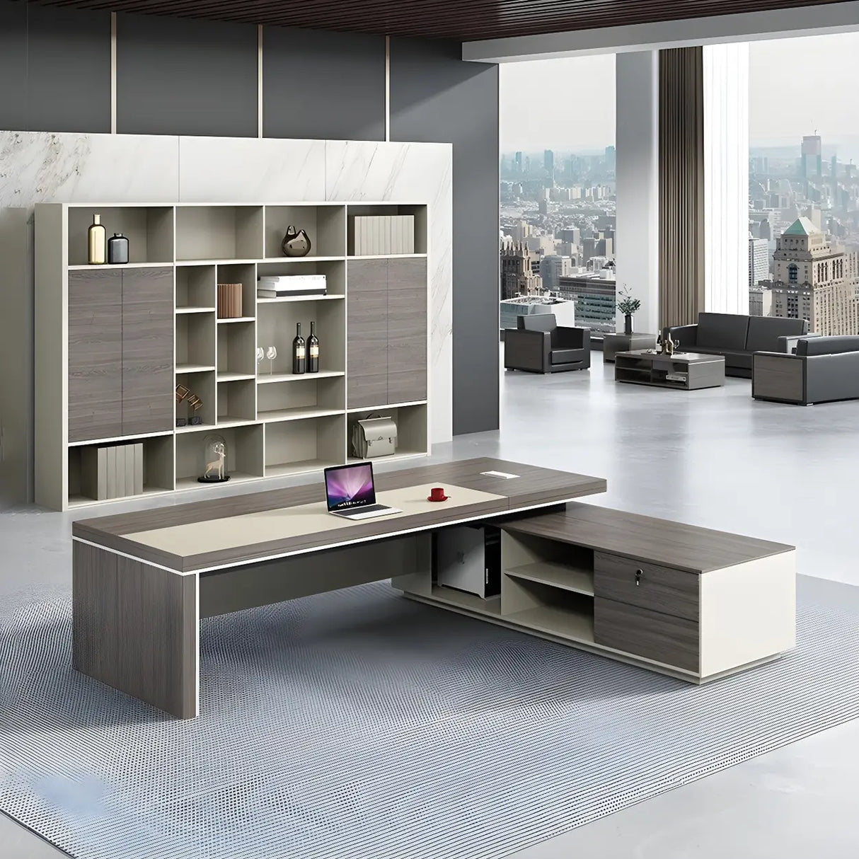 Grey Manufactured Wood Pedestal L-Shape Executive Desk Image - 3