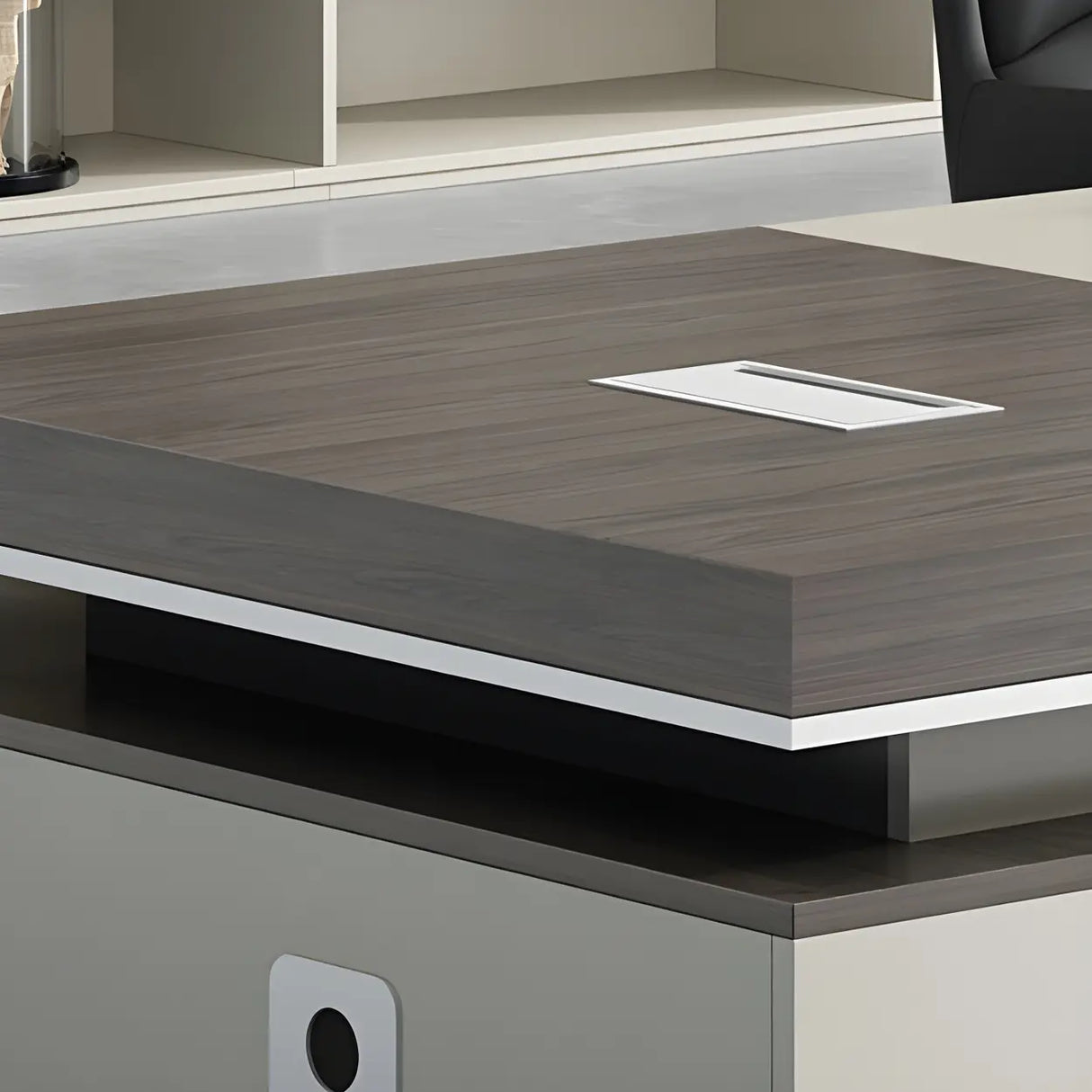 Grey Manufactured Wood Pedestal L-Shape Executive Desk Image - 7