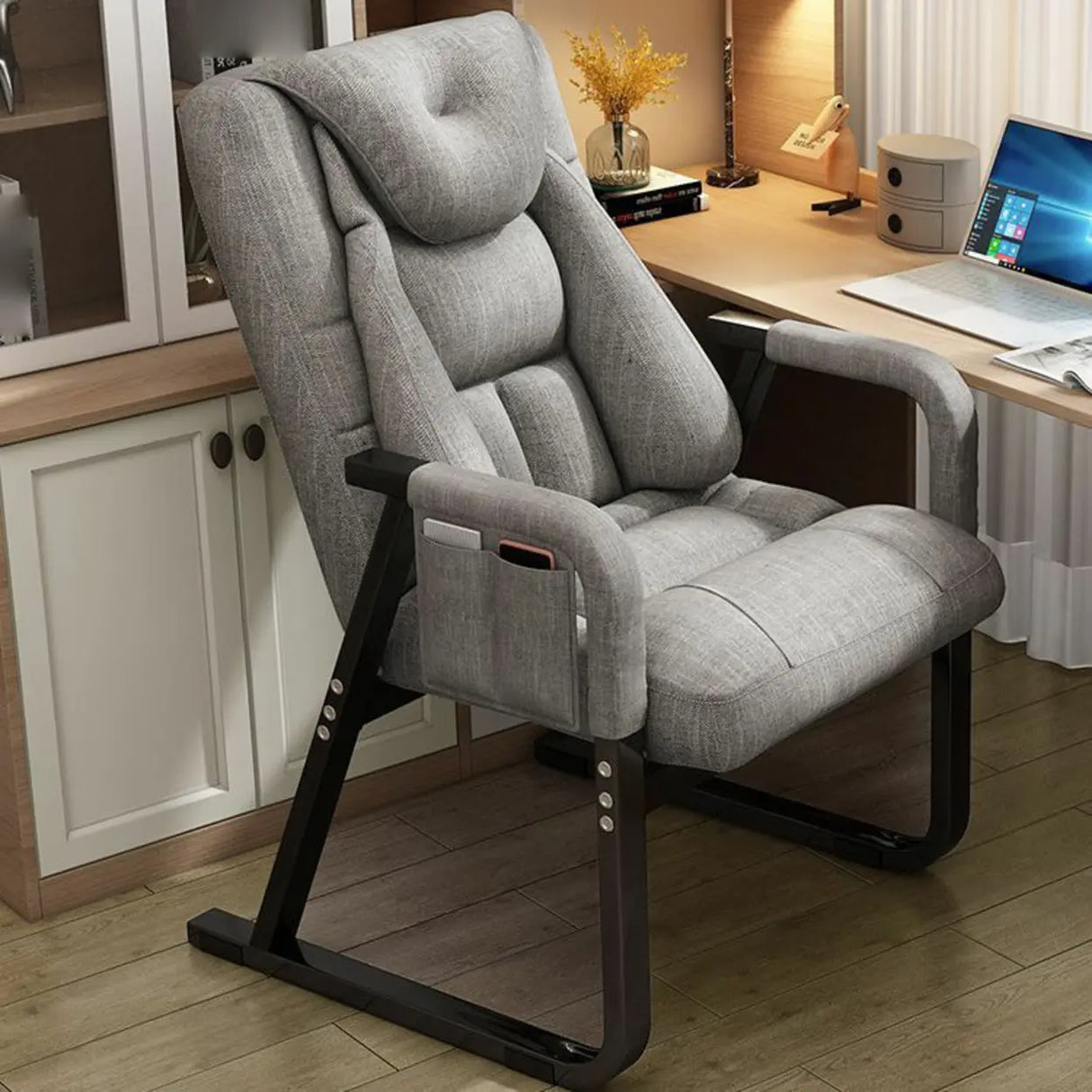 Grey Metal Frame Modern Reclining Fabric Office Chair Image - 1