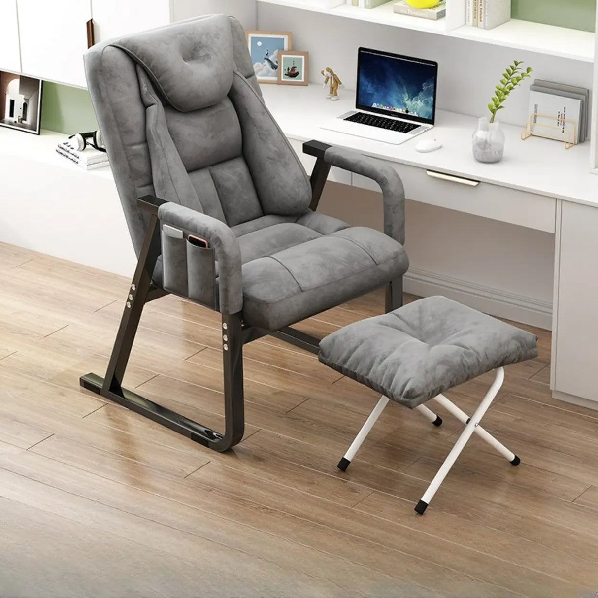 Grey Metal Frame Modern Reclining Fabric Office Chair Image - 7