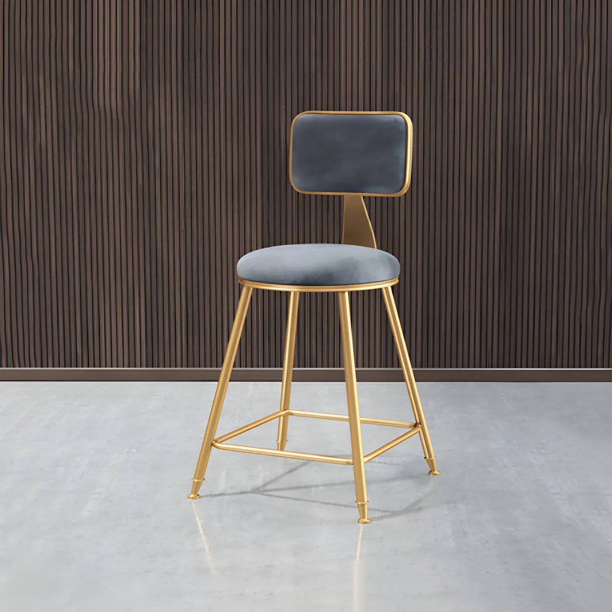 Grey Modern Gold Iron Velvet Tall Bar Stool with Cushion Image - 12