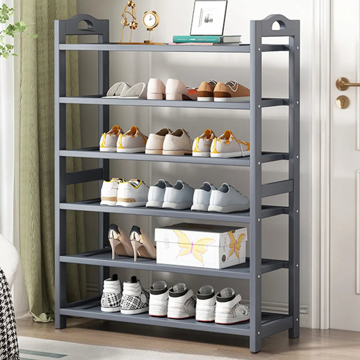 Grey Modern Open Storage Shelves Metal Hallway Shoe Rack Image - 11