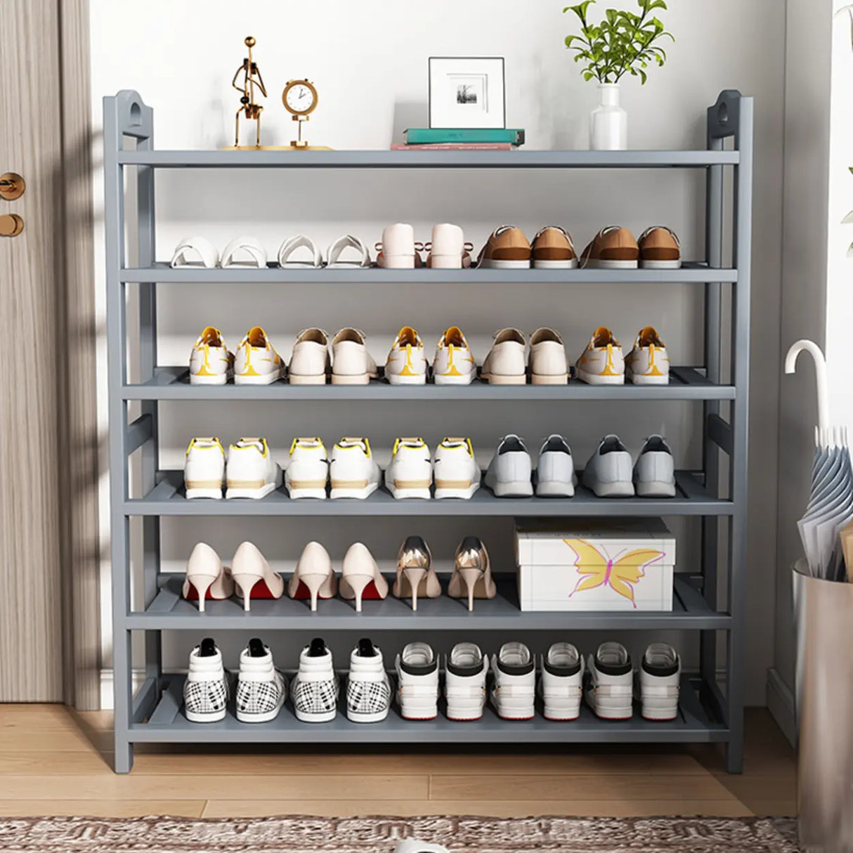 Grey Modern Open Storage Shelves Metal Hallway Shoe Rack Image - 12