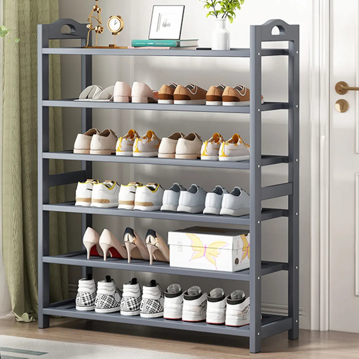 Grey Modern Open Storage Shelves Metal Hallway Shoe Rack Image - 13