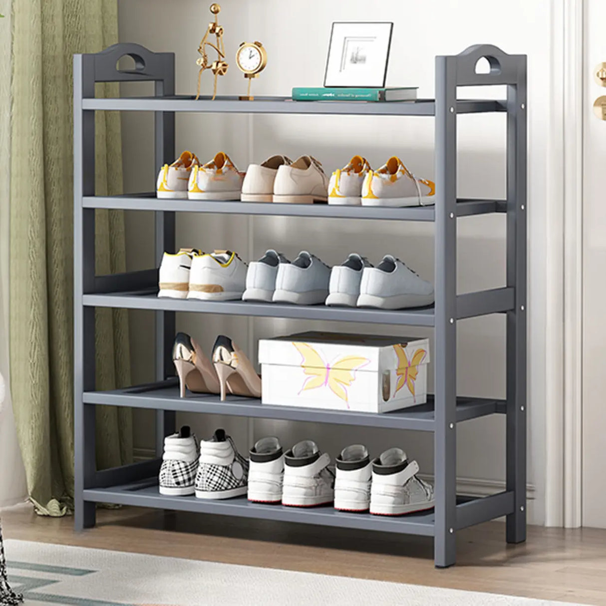 Grey Modern Open Storage Shelves Metal Hallway Shoe Rack Image - 14