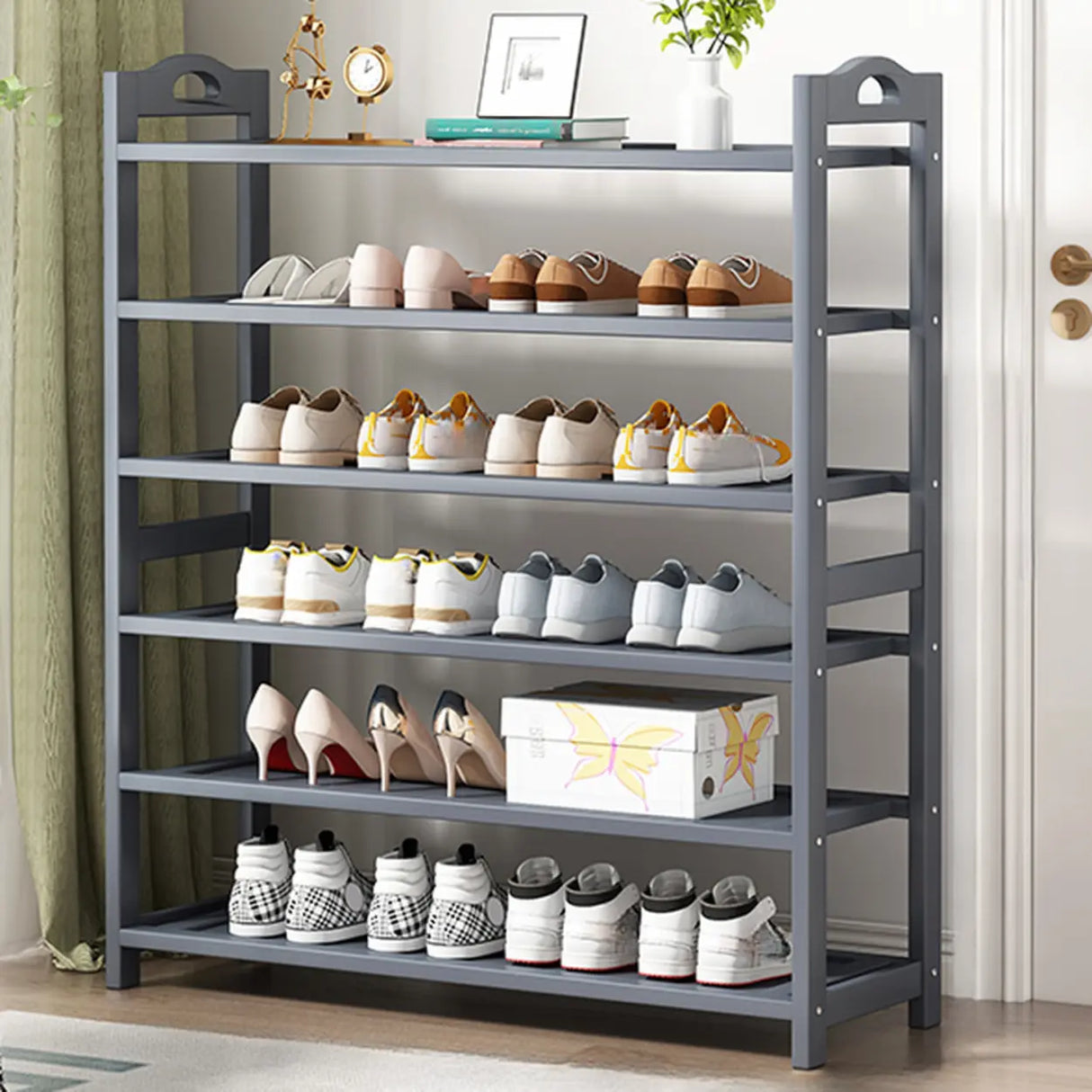 Grey Modern Open Storage Shelves Metal Hallway Shoe Rack Image - 15