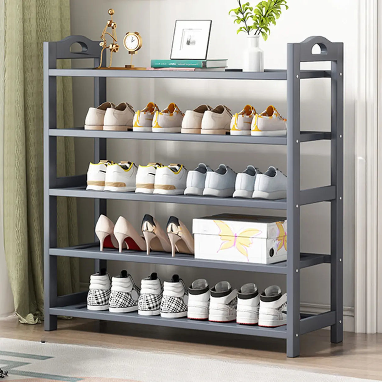 Grey Modern Open Storage Shelves Metal Hallway Shoe Rack Image - 16