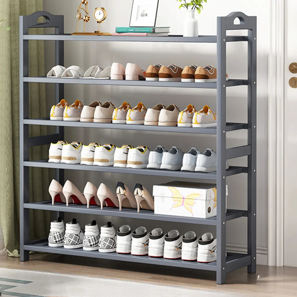 Grey Modern Open Storage Shelves Metal Hallway Shoe Rack Image - 17