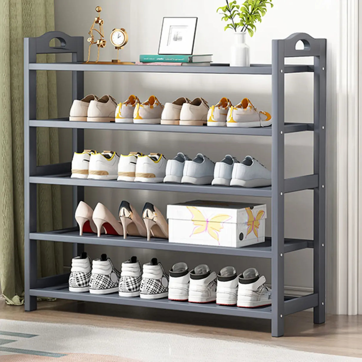 Grey Modern Open Storage Shelves Metal Hallway Shoe Rack Image - 18