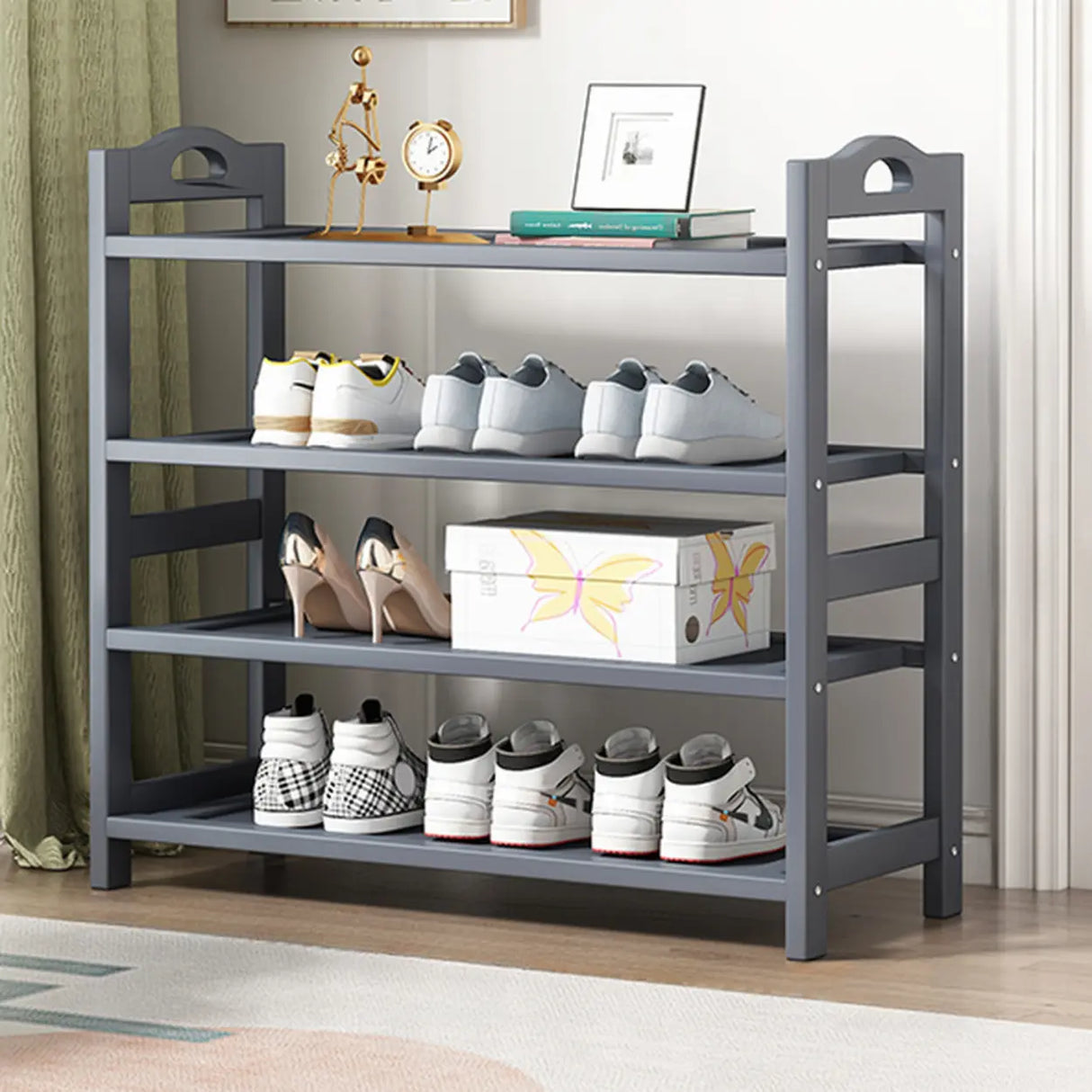 Grey Modern Open Storage Shelves Metal Hallway Shoe Rack Image - 2