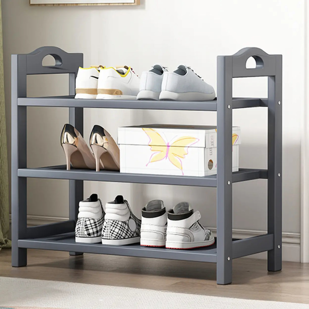 Grey Modern Open Storage Shelves Metal Hallway Shoe Rack Image - 3