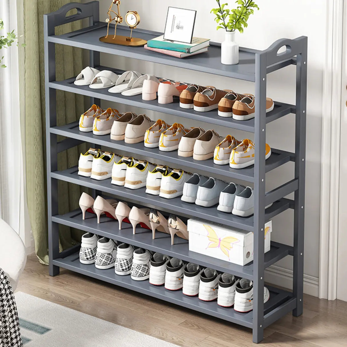 Grey Modern Open Storage Shelves Metal Hallway Shoe Rack Image - 4