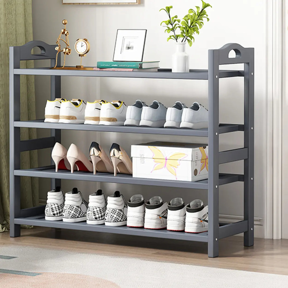 Grey Modern Open Storage Shelves Metal Hallway Shoe Rack Image - 5