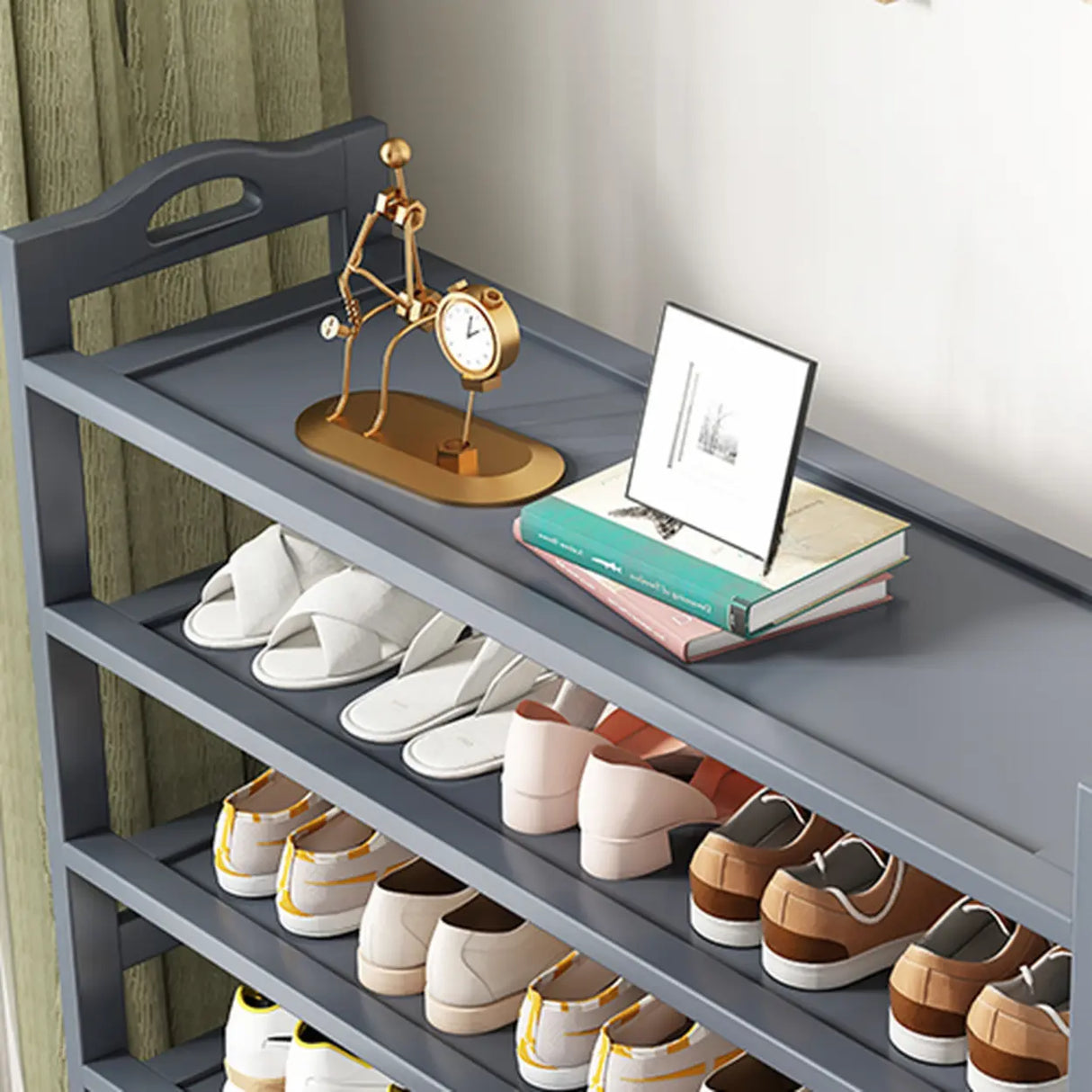 Grey Modern Open Storage Shelves Metal Hallway Shoe Rack Image - 6