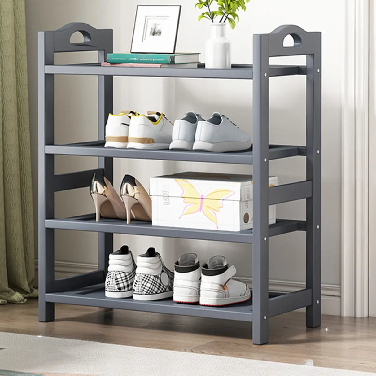 Grey Modern Open Storage Shelves Metal Hallway Shoe Rack Image - 7
