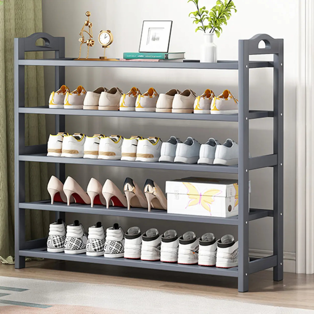Grey Modern Open Storage Shelves Metal Hallway Shoe Rack Image - 9